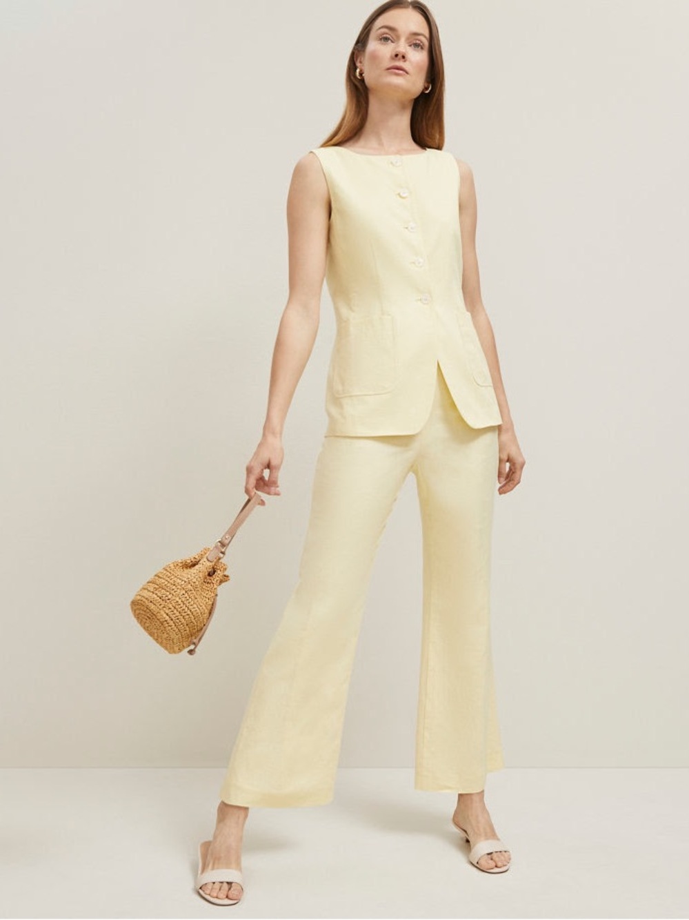 Ann Taylor Butter Yellow Linen Blend Matching Set | long vest, flare ankle pant